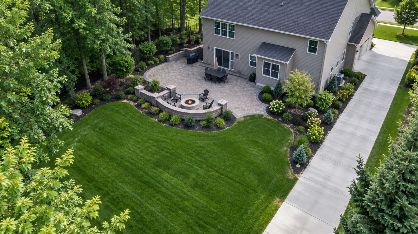 Aerial view of a finished backyard with patio, fire pit, beds and lawn