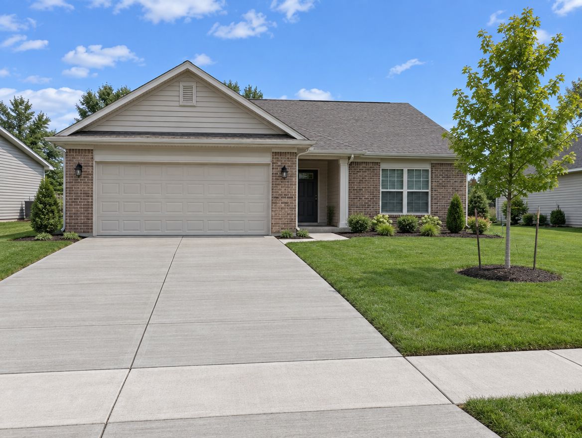 Concrete driveway with control joints leading to a garage