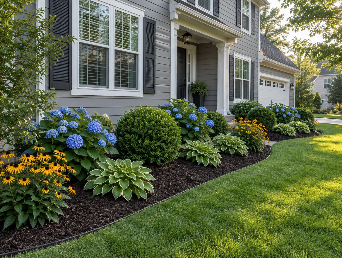 Planting bed with shrubs and perennials along a house